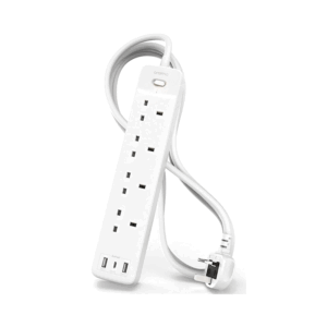 4-Outlet Power Strip with USB-A Charging - BS1363A Outlets, 220-250V, 13A, 1.8 m Cord, BS1363A Plug, White